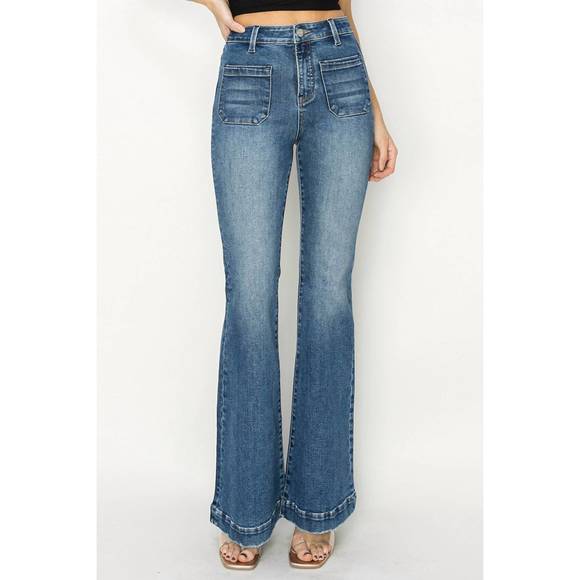 Risen Full Size High Rise Front Patch Pocket Flare Jeans